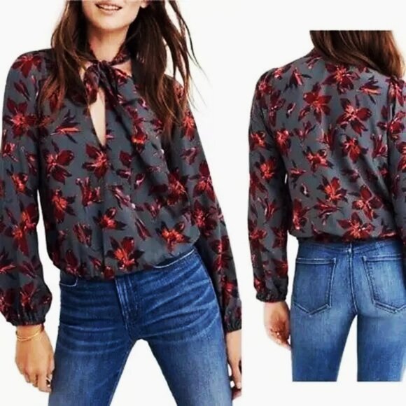Madewell 100% Silk Tie-Neck Accent Wrap Blouse Winter Floral Orchid Medium - Picture 1 of 11